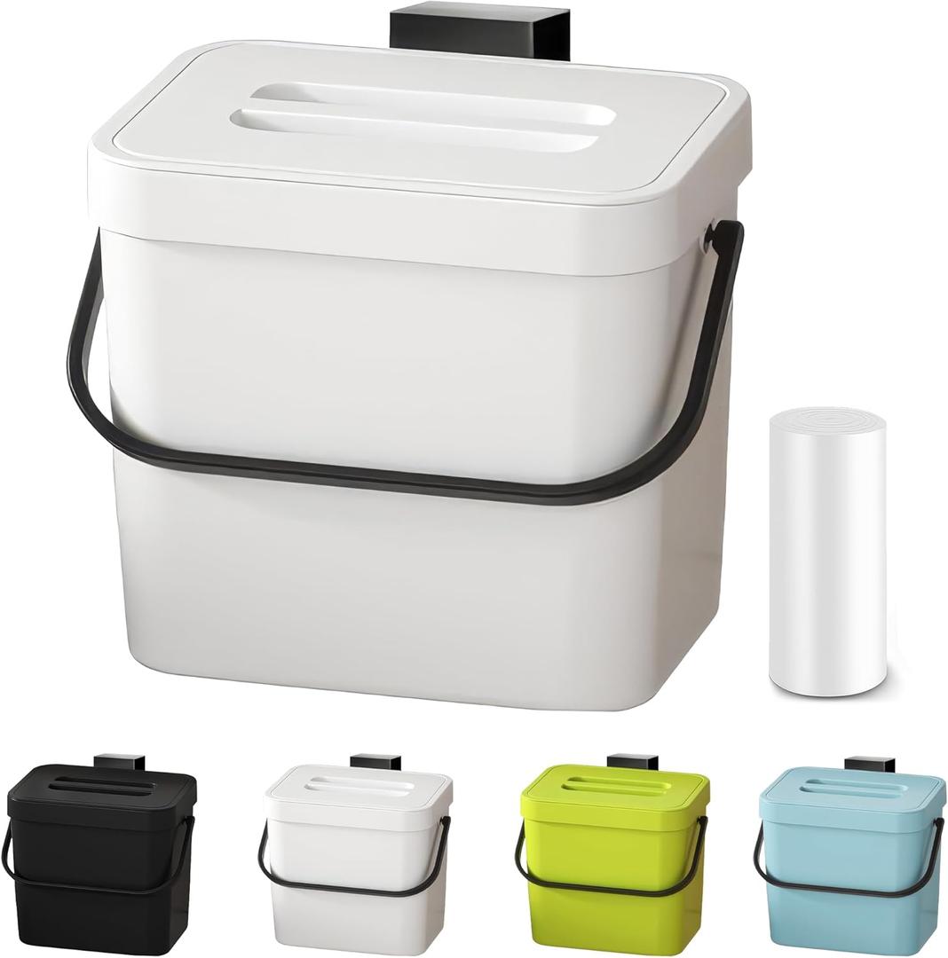 Kitchen Compost Bin - 1.8 Gallons Hanging TrashCan with Lid for Kitchen Cabinet Door, Under Sink, Wall Mounted Waste Bin for Bathroom, 7L(White)