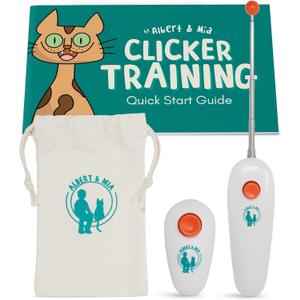 ALBERT & MIA Cat Training Kit (4 Pieces) - Quiet Clicker + Target Stick Clicker + Treats Pouch + Cat Clicker Training Start Guide (Beginner to Expert)