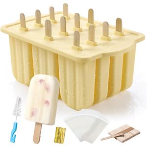 Popsicles Molds, MEETRUE 12 Pieces Silicone Popsicle Molds Easy-Release BPA-free Popsicle Maker Molds Ice Pop Molds Homemade Popsicle Ice Pop Maker with 50PCS Popsicle Sticks+Cleaning Brush (12 Cavties-Yellow)