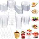 Tessco for you 160 Pcs Mini Appetizer Plates Dessert Cups Spoons Forks Set Dessert Containers Assorted Shape Plastic Parfait Cups Disposable Spoon Forks for Party Serving (Clear)