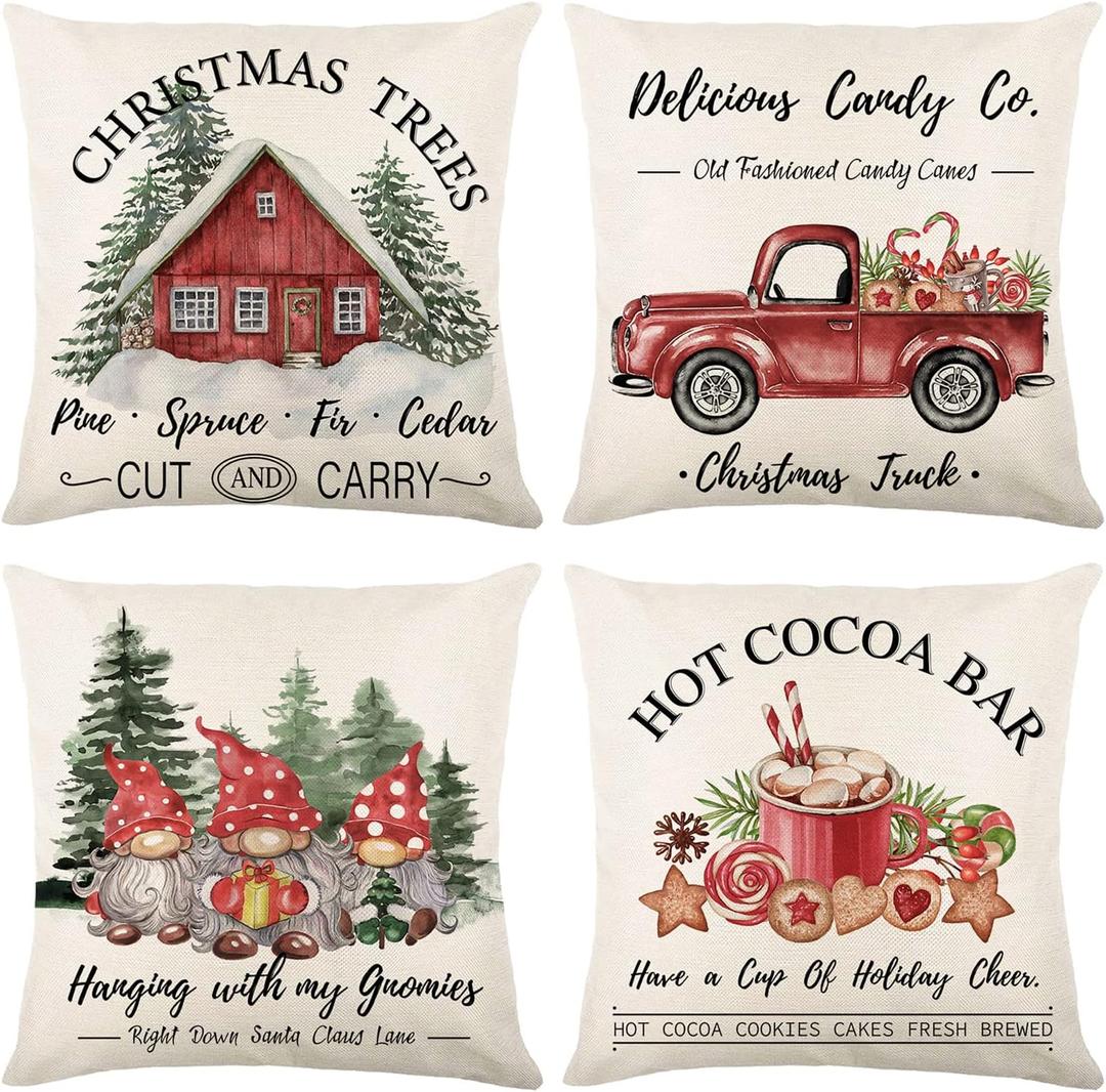Christmas Throw Pillow Covers 18x18 Set of 4, Merry Christmas Tree Gnome Red Truck Candy Cane Xmas Farmhouse Decorations Rustic Winter Holiday Couch Cover for Sofa Bedroom Home Outdoor