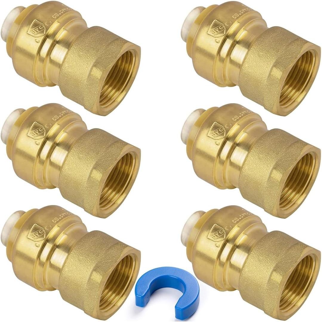 1/2" PTC to 1/2" NPT Female Adapter Push-Fit, Push to Connect Brass Plumbing Fitting for Copper, CPVC, PEX Pipes, With Upgraded Stiffener, Disconnect Clip Included, NSF & UPC Certified, 6 Pack