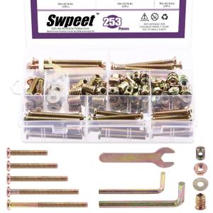 Swpeet 253Pcs M6 x 30/40/50/60/70/80mm Zinc Plated Crib Hardware Screws Kit, Hex Socket Head Cap Crib Bed Bolt and Barrel Nuts Flat Washer and Flange Nuts with Threaded Insert Nuts