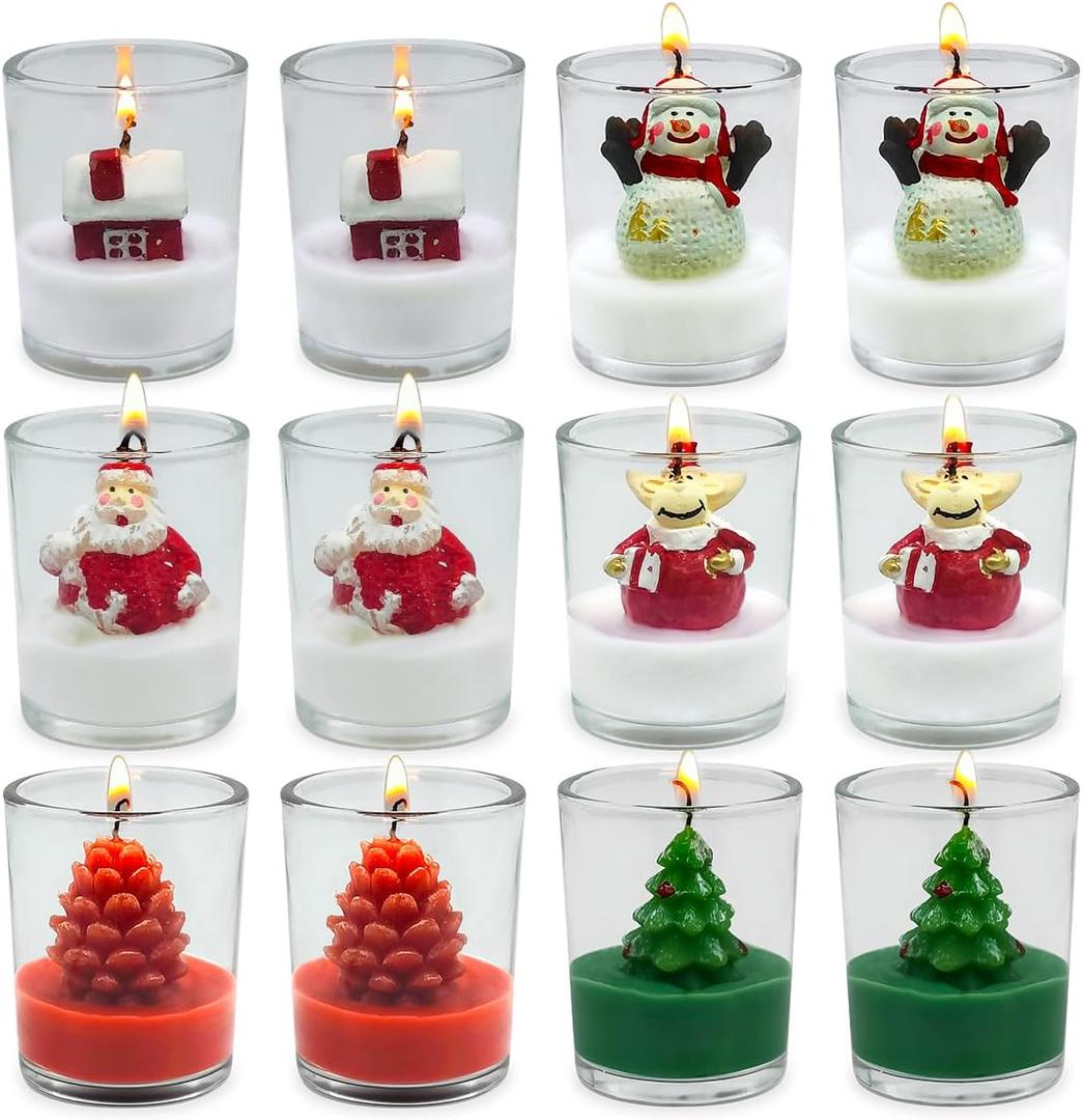 12-Pack Christmas Glass Votive Candles - Festive Decor Set with Santa, Snowman, Pinecone, Cedar, Elk and House Designs - Good for Xmas Holiday Decorations, Parties and Gifts (White Green Red)