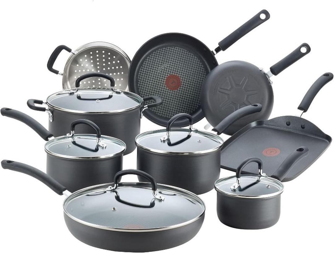 T-fal Ultimate Hard Anodized Nonstick Cookware Set 14 Piece, Oven Broiler Safe 400F, Lid Safe 350F, Kitchen Cooking Set w/Fry Pans, Saucepans, Griddle, Dutch Oven, Pots & Pans, Dishwasher Safe, Black