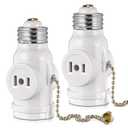 2-Pack E26 Light Socket Adapter - Converts Medium Screw Socket to Two Outlets With Pull Chain Switch - UL Listed, White