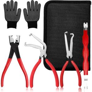 5-Pcs Kit Electrical Disconnect Pliers Set with Gloves - Auto Connector Tool for Fuel Line, Wiring, Sensors & Coils | Quick-Release Car Truck Repair (Red)