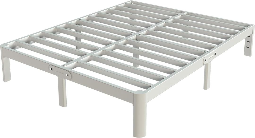 White Full Size Bed Frame 12 Inch, Metal Full Bed Frame No Box Spring Needed, Heavy Duty Steel Support 3500 LBS, DIY Headboard, Noiseless, Round Corner Legs, Storage Space, Easy Assembly