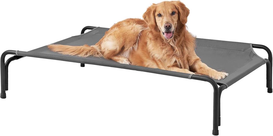 EHEYCIGA Reinforced Elevated Large Dog Cot Bed, Raised Outdoor Dog Hammock, Lifted Pet Platform with Frame and Washable Waterproof Cooling Teslin Mesh and Anti-Slip Feet, 43x26 inch (Grey)