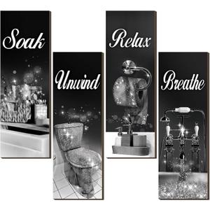 Honoson 4 Pcs Bathroom Decor Wall Art Farmhouse Bathroom Pictures Wall Decor Soak Unwind Relax Breathe Wood Hanging Sign for Home Spa Laundry(Black Glitter,11.8 x 3.9 Inch)