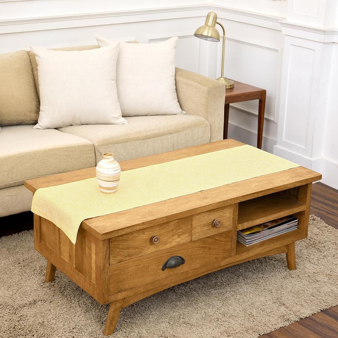 Solino Home 100% Pure Linen Table Runner 14x60 Inch - Narrow Stripe Small Spicy Mustard and White Cloth Table Runner for Dresser, Coffee Table, Handcrafted Machine Washable - Summer