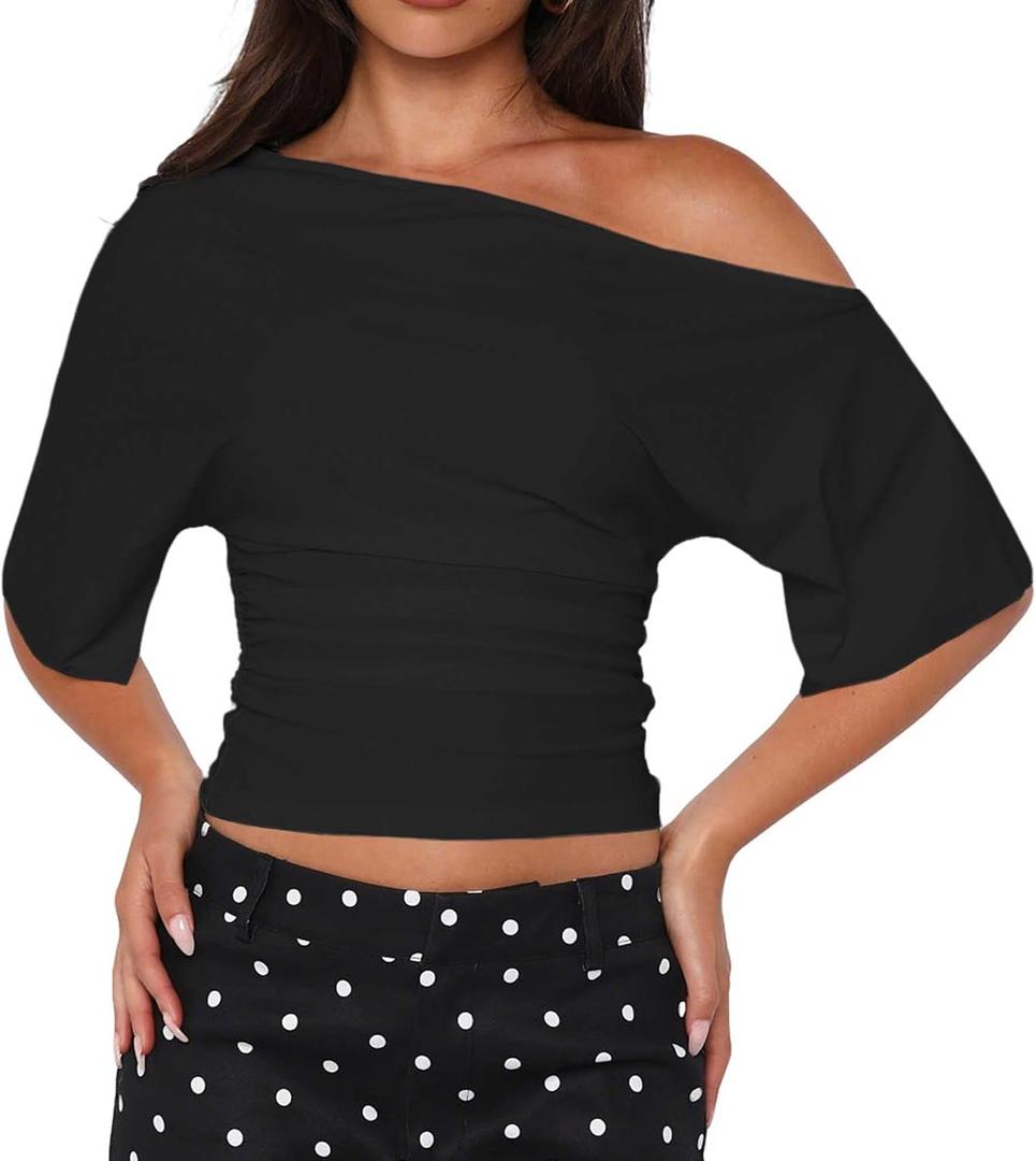 YFANG Women's Off Shoulder Short Sleeve Crop top Ruched Asymmetrical Y2K Going Out T Shirt (XS)