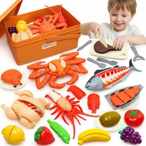 22pcs Play Seafood Cut Toys Set for Kids Play Kitchen, Montessori Toddler Kitchen Playset with Toy Food & Fake Fruit, Kitchen Set for Kids & Toddler Cutting Set, Kitchen Toys for Boys Girls Ages 3 4 5