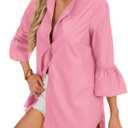 LYANER Women's Flare Long Sleeve Stand Collar Button Down Blouse Shirt Top (Pink, M)