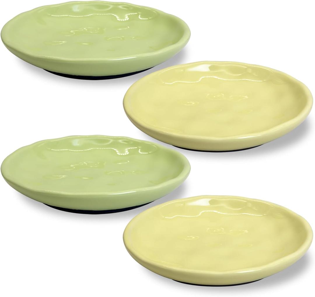 Fhiny 4PCS Cat Food Bowl,6" Ceramic Cat Dishes with Silicone Bottom Shallow Whisker Fatigue Kitten Texture Plates Set for Indoor Cats Non-Slip Wide Kitten Whisker Friendly Bowls, Beige & Green