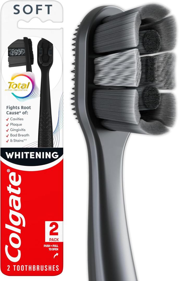 Colgate Total Active Prevention Soft Bristle Whitening Toothbrushes, Soft Toothbrush with Charcoal Infused Bristles, Helps Whiten and Reaches Deeper Along the Gumline and Between Teeth, Black, 2 Pack