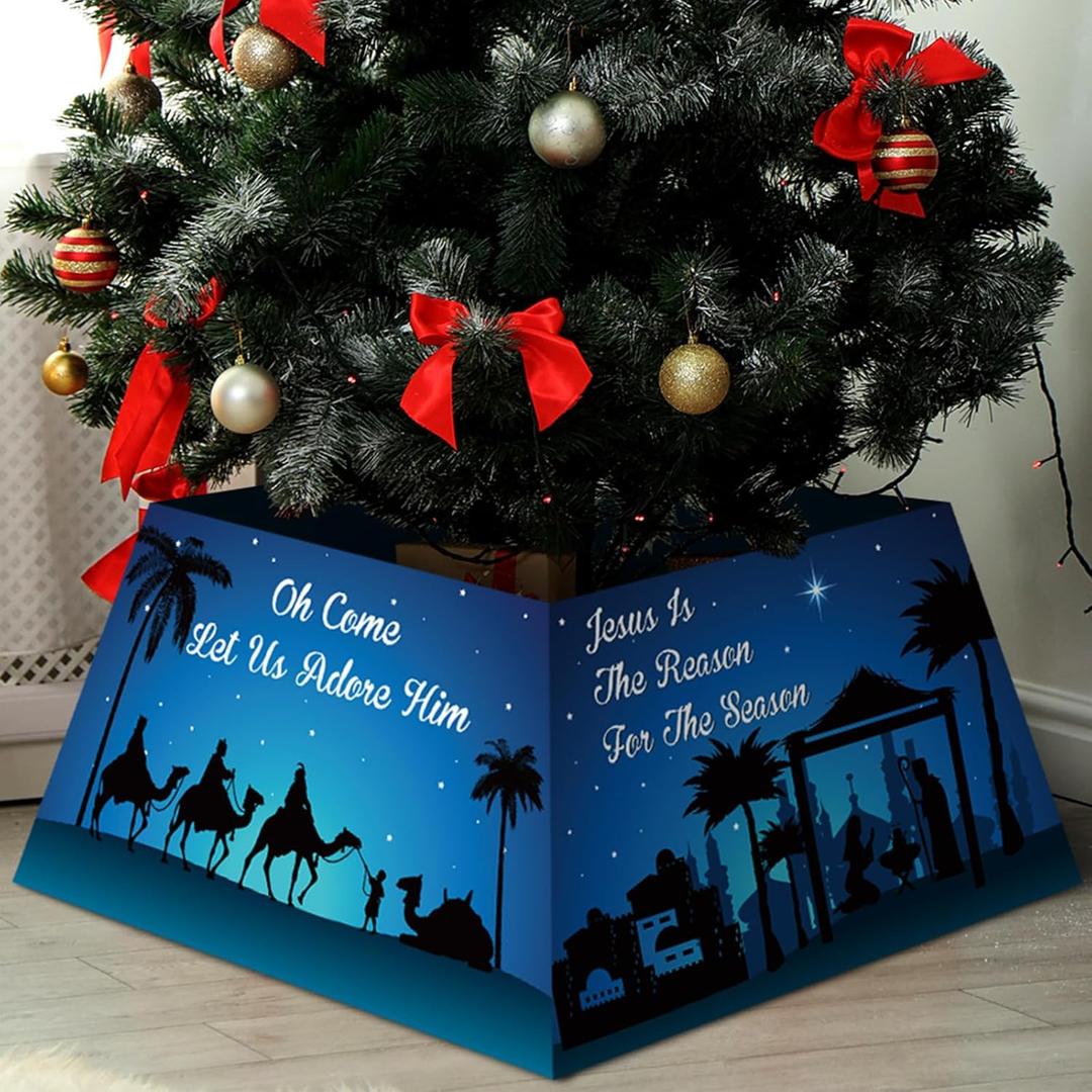 Syhood Christmas Tree Collar Nativity Scene Christmas Tree Skirt Square Farmhouse Box Stand Base Xmas Ring with 4 Patterns for for Home Festive Decoration