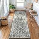 Vintage Runner Rug for Hallway Washable 2x6 Area Rug Non Slip Kitchen Rug with Rubber Backing Soft Non Shedding Mat Floral Carpet Runner for Entrance Kitchen Bedroom Laundry Room Gray