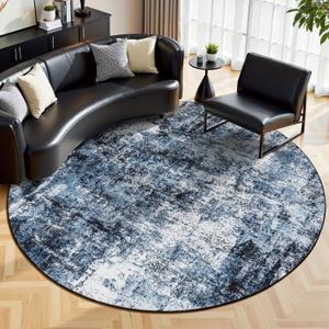 Rugflix Round Area Rugs 8Ft for Living Room, Washable Circle Rug Stain-Resistant Low Pile, Modern Dark Carpet for Bedroom Dining Room Home Office Kid Nursery Room, Navy Blue/Black