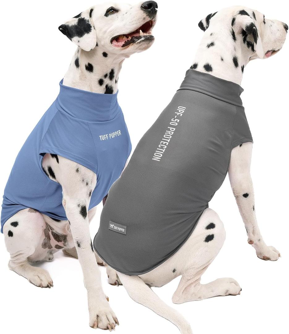 Tuff Pupper Sun Blocking Shirts for Dogs | 2 Per Pack | UPF 50+ UV Proction | Lightweight Breathable Fabric | Quick Dry Stretch | Reflective Print | Summer Shirt for Large Dogs (Lite Grey/Blue, XXL)