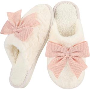 Women's Cute Bow Slippers Cartoon House Fur Shoes Cozy Indoor Momory Foam Outdoor (9-10, Pink)