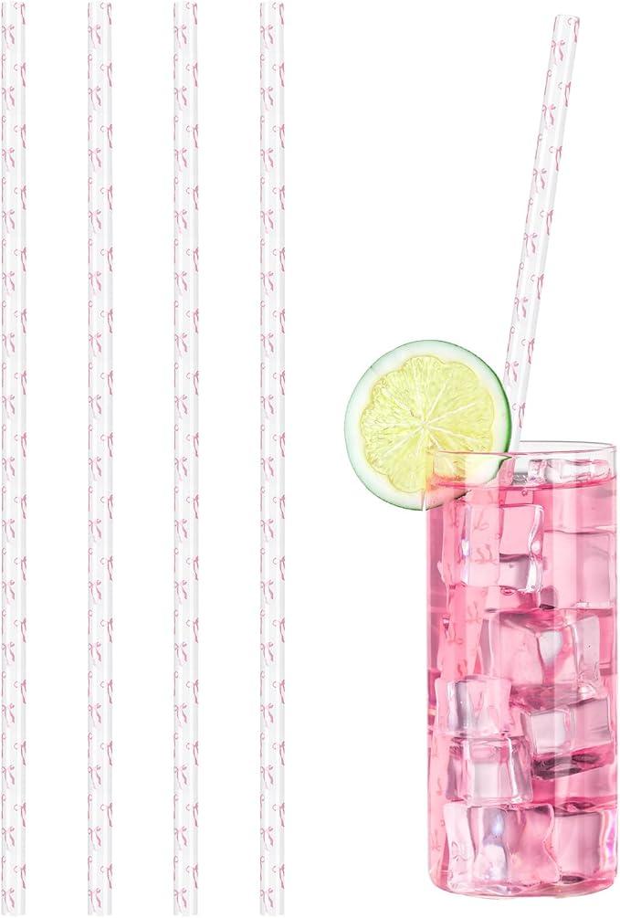 Honeydak 4 Pcs Bow Glass Straw 12in Cute Bow Printed Coquette Reusable Glass Straw Bachelorette Decorations, Birthday Party, Bridal Engagement Drinkware, Coquette Cute Supplies, Baby Shower
