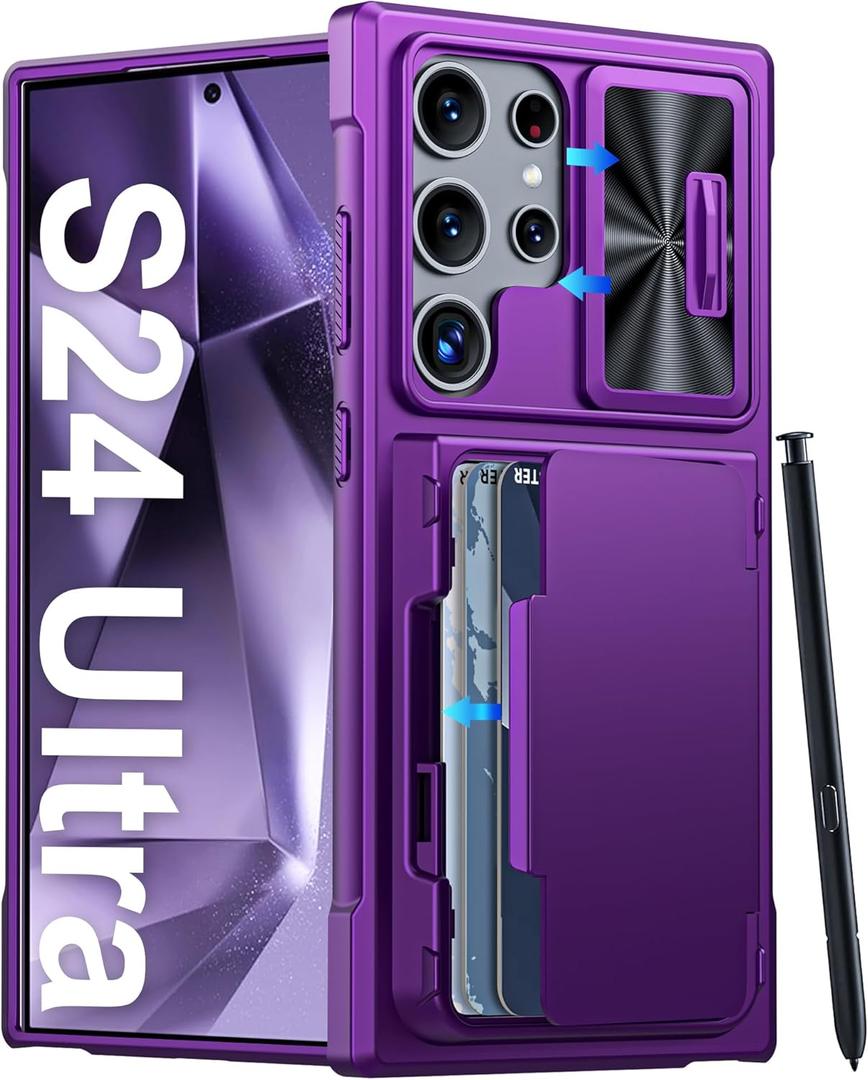 Vizvera for Samsung Galaxy S24 Ultra Case Wallet, RFID Cards Holder & Camera Cover & Kickstand for Women Men, Full Body Rugged Shockproof Silicone Case for S24 Ultra 6.8" 2024 Only-Purple