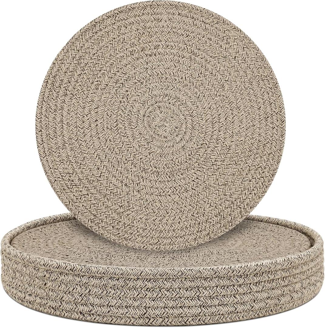 Round Placemats Set of 6 with Holder, Cotton Rope Woven Place Mats, Hot Pads for Kitchen, Heat Resistant Table Mats, 13 Inch Farmhouse Washable Braided Placemat for Kitchen Decor (Brown)