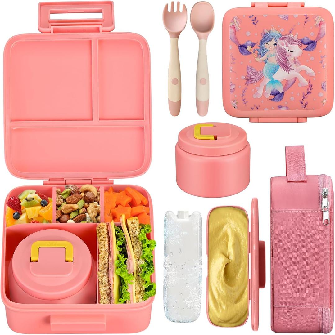 JXXM Bento Lunch Box for Kids With 8oz Soup Thermo,Leak-proof Lunch Containers with 5 Compartment,Thermo Food Jar and Lunch Bag, Food Containers for School (A-PinkUnicorn - Mermaid)
