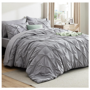 Bedsure Queen Comforter Set Grey - Bed in a Bag Queen Size Bedding 7 Pieces, GentleSoft™ Pintuck Bed Set Gift for Family, All Season Down Alternative Comforter with Sheets, Pillowcases & Shams
