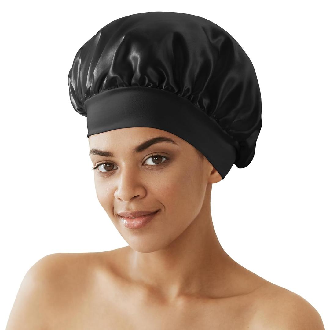 Silk Bonnet for Sleeping Women - Waterproof Shower & Sleep Hair Protector, Adjustable Silk Night Cap for Curly/Natural Hair (Large, Black)