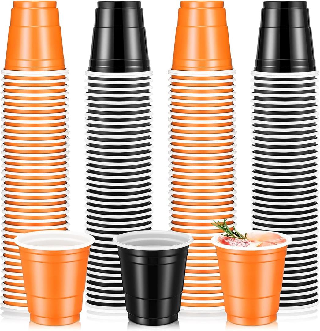 Sliner 200 Pcs Halloween Plastic Shot Cups 2 oz Mini Shot Glasses Small Disposable Glasses for Halloween Birthday Wedding Anniversary Party Supply(Orange, Black)