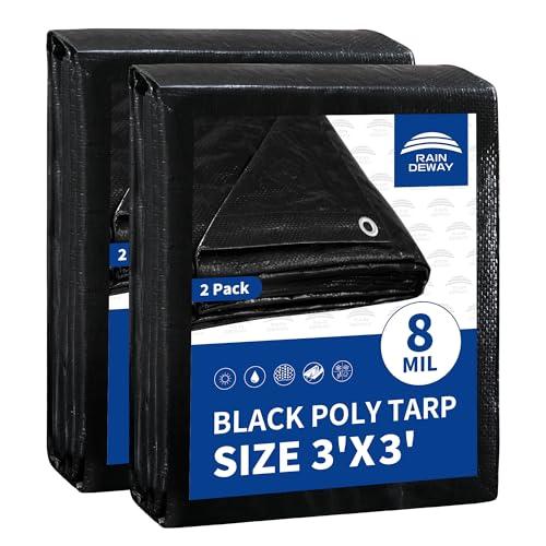 RAINDEWAY Small Black Tarp 3x3 Feet (2 Pack),UV Resistant, Multipurpose Medium Duty Waterproof Poly Tarps, Tent Tarp,Cover with Metal Grommets and Reinforced Edges, Finished Size