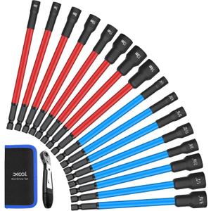 XOOL 16 PCS Long Magnetic Nut Driver Set, 6" Metric and SAE Nut Driver Set for 1/4" Quick-Change Hex Shank, Impact Drill Driver Bit Set with Storage Bag and Mini Ratchet Wrench