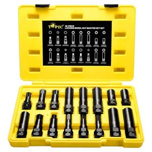 Topec 16-Piece Locking Lug Nut Master Key Set | 5, 6, 7, 12 Spline Socket Set, Star and Internal Hex Style Lug Nut Key Set, CR-MO Steel (Not for Hex, Deep, Large-Size, and 10-Spline)