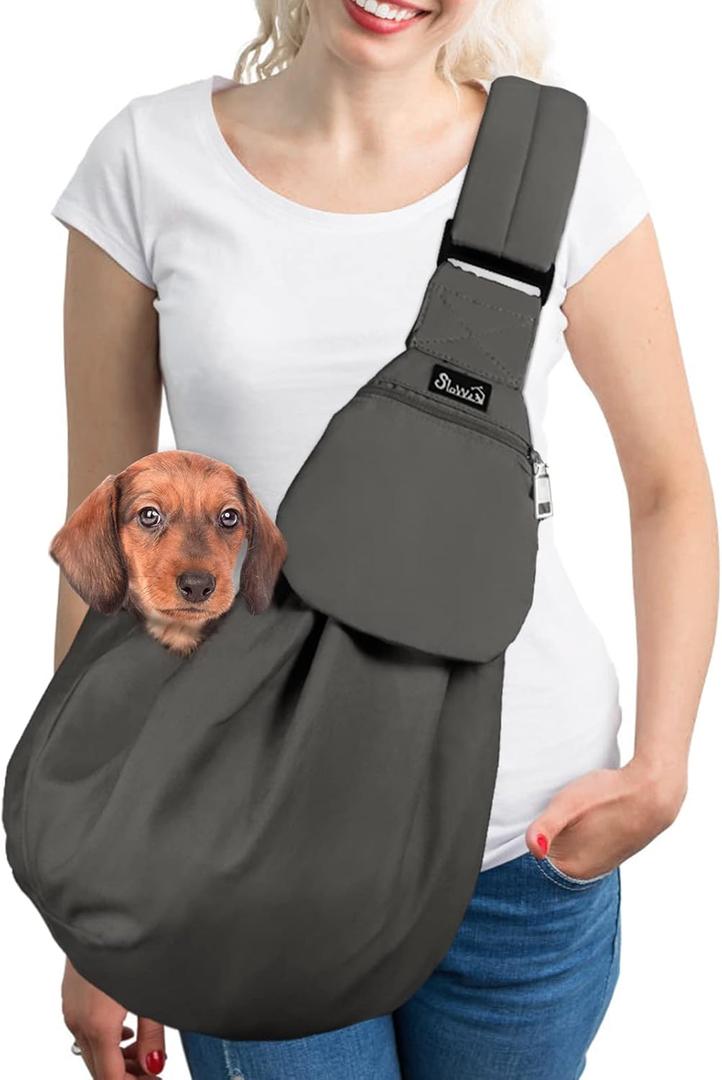 SlowTon Dog Carrier Sling - Thick Padded Shoulder Strap Adjustable Dog Carriers for Small Dogs, Puppy Carrier Purse for Pet Cat with Front Zipper Pocket Safety Belt Machine Washable Grey, Large