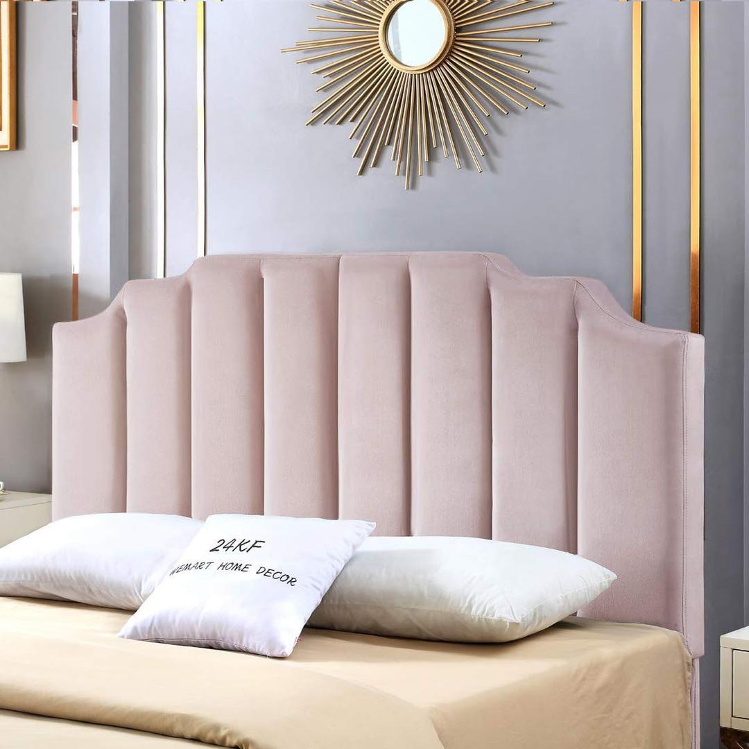 24KF Pink Velvet Tufted Queen Upholstered Headboard, Modern Vertical Channel Design California Queen/Full Headboard with Stepped Silhouette Top Edge, Pink