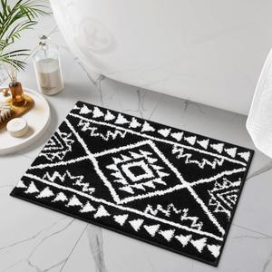 Uphome Boho Bathroom Rugs Black Tribal Bath Mat Western Non-Slip Absorbent Bath Rug Plush Soft Farmhouse Geometric Bathroom Floor Mat for Shower Toilet Tub, 18x26 inch