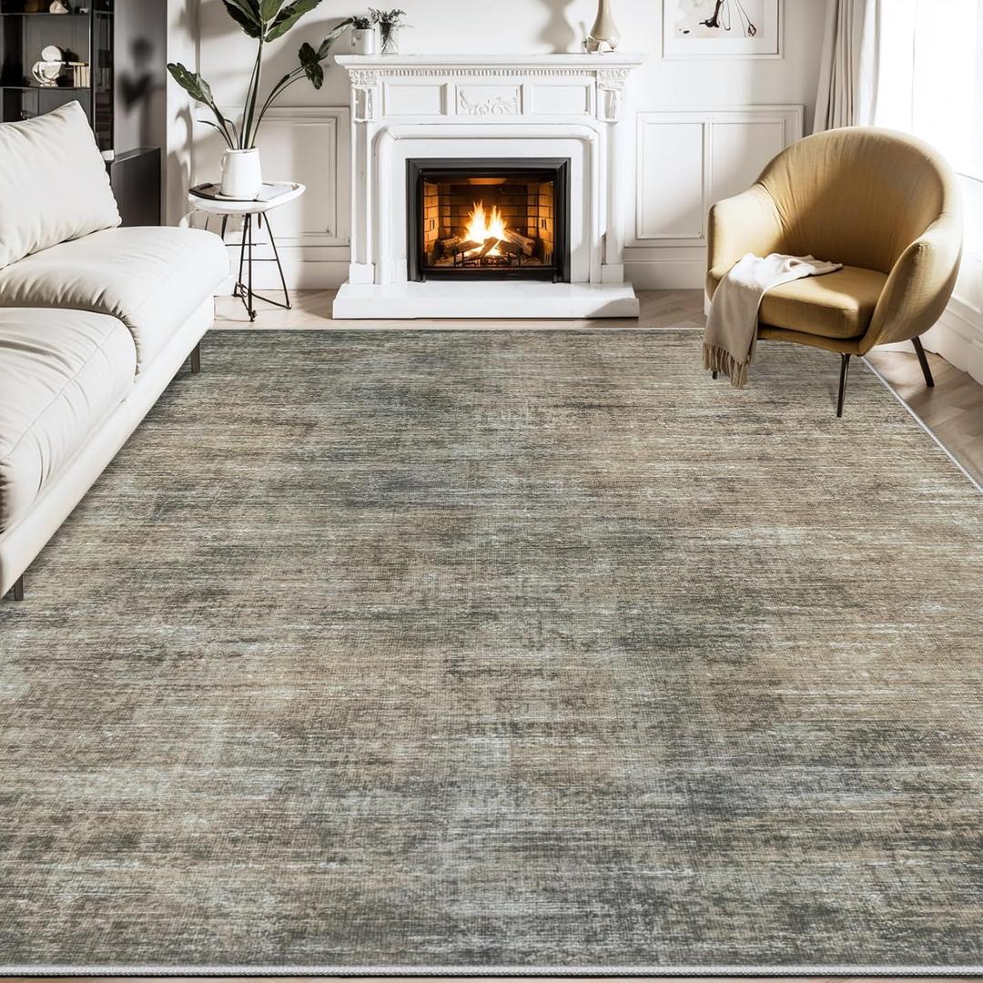 Area Rugs 10X14 Living Room: Machine Washable Rug Non Slip Large Abstract Bedroom Rug Stain Resistant Low Pile Indoor Floor Carpet for Dining Room Nursery Home Office Farmhouse (10X14, Green Brown)