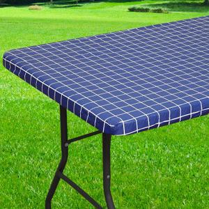 Rectangle Vinyl Table Cloth 30x96, Waterproof Elastic Fitted Tablecloth with Flannel Backing, Plastic Table Cover for Picnic, Camping, Outdoor, Navy