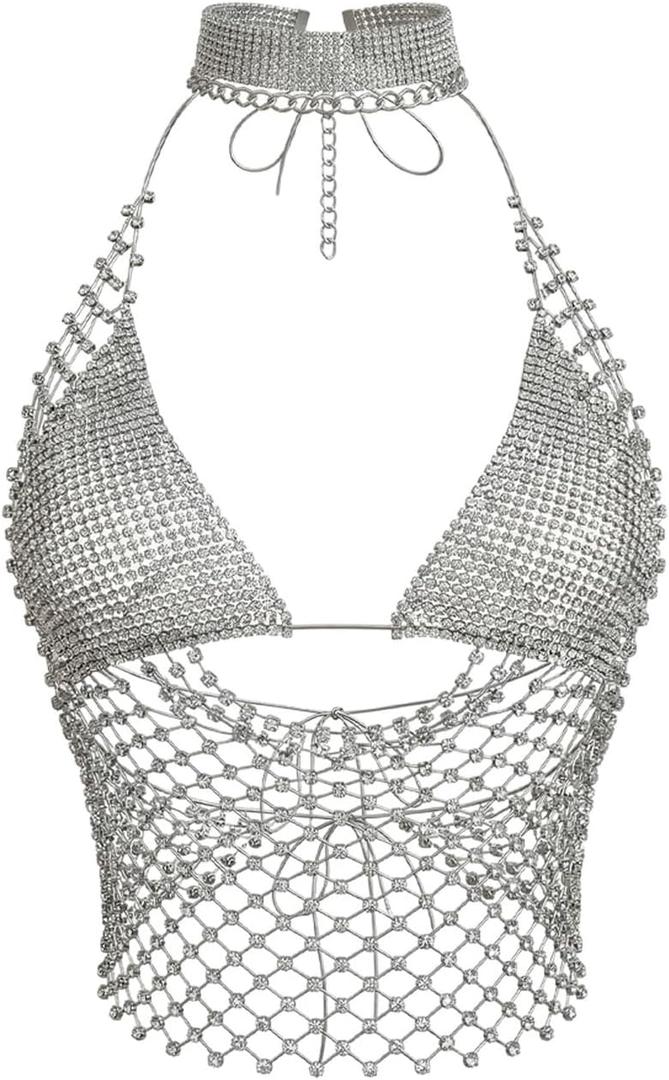 SweatyRocks Women's Rhinestone Fishnet Crop Halter Top Club Party Tops Sexy See Through Tops, Deep V Cowl Neck, Sleeveless, Tie Backless, Cropped, 2 In 1 Streetwear, M