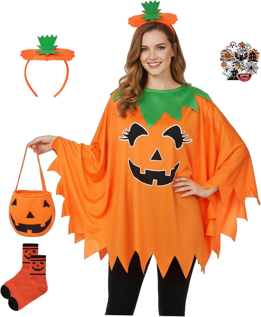 5PCS Pumpkin Costume Women with Cape Headband Socks Bag Stickers Adult Halloween Costumes 2025 for Party Accessories