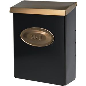 Architectural Mailboxes Designer Locking, Vertical Wall-Mounted Mailbox for Outside, Modern Metal Galvanized Steel Medium Mail Box with Lock and Key Drop Box, Black with Optional Mail Emblem (Black & Brushed Brass)