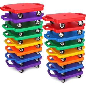 Deekin 16 Pieces Scooter Boards with Handles - Plastic Caster Sitting Scooter for Kids Indoor or Outdoor Physical Activities, Sports and Play Equipment