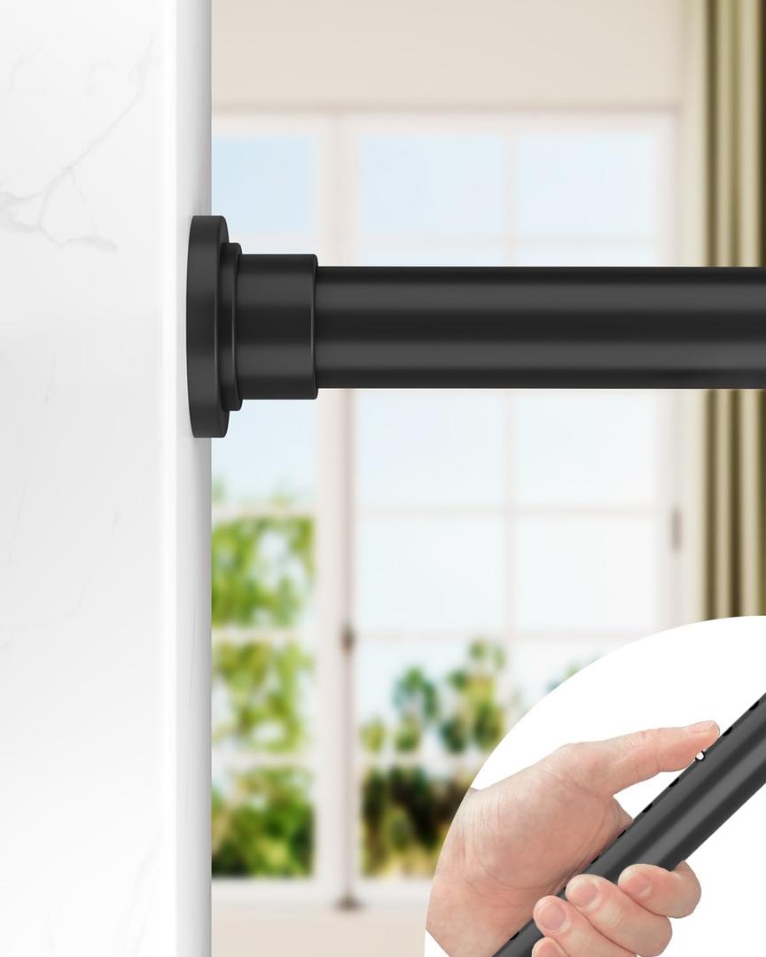 ALLZONE Tension Curtain Rod for Windows, 123 to 160 Inch, Heavy Duty Extra Long Curtain Rods, Non-Slip Bathroom Shower Tension Rod, Renter Friendly, Adjustable, Spring Loaded, Black