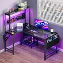 PRAISUN 43.3" L Shaped Gaming Desk with Power Outlets & USB-C Port, LED Lights, Computer Desk with Pegboard, Corner Desk with Storage Shelves & Bag, Office Desk with CPU Stand for Home Office, Black