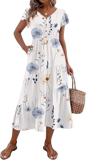 Zeagoo Women's Summer Casual Dress Flutter Short Sleeve V Neck Button Down Tiered Flowy Long Dress with Pockets (Small)
