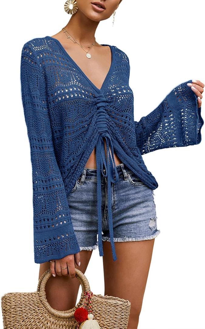 Saodimallsu Womens Boho Off Shoulder Sheer Crop Tops Bell Sleeve Flowy Oversized Crochet Ruched Pullover Sweaters (Small, Navy)