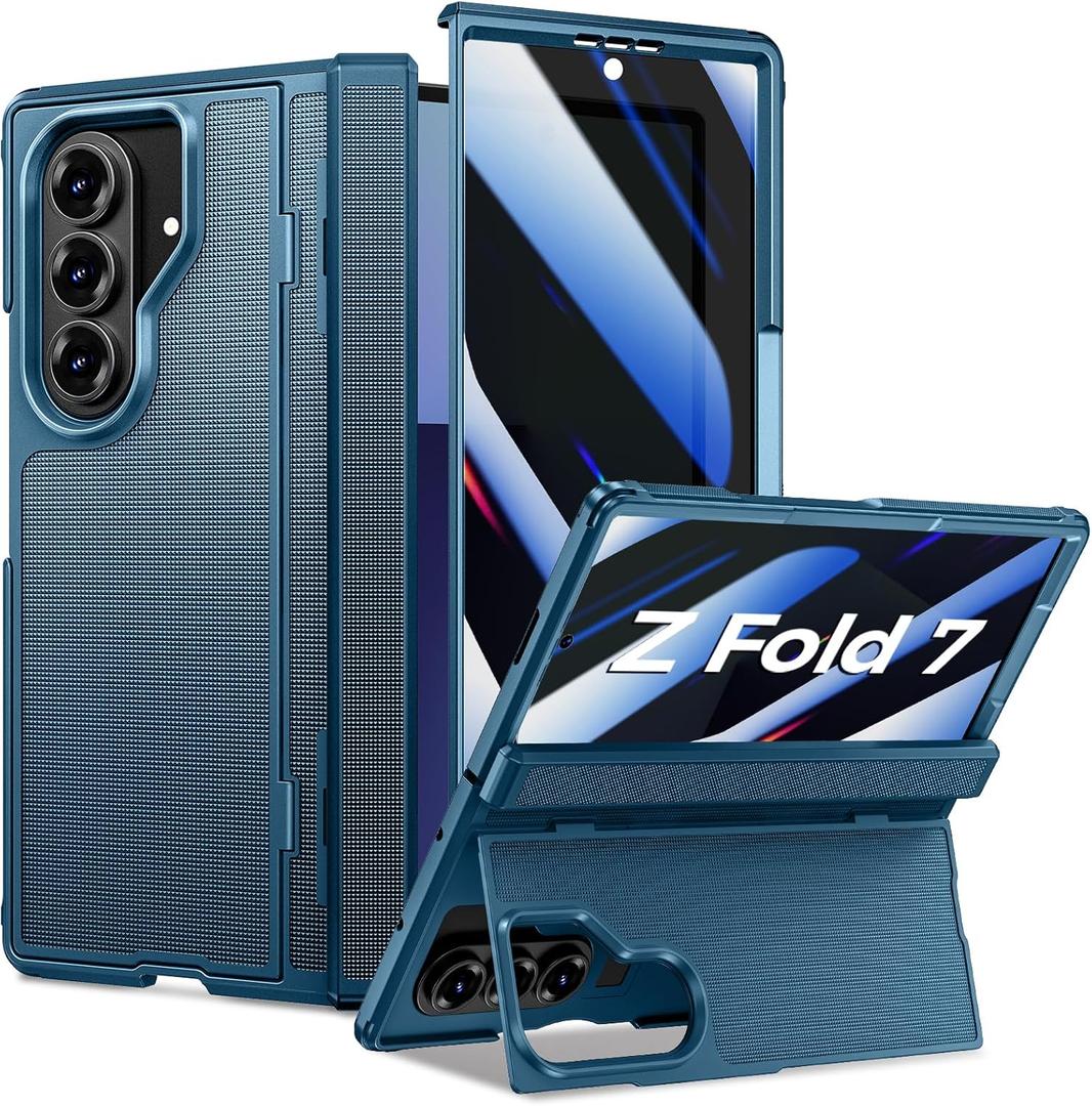 Goton for Samsung Galaxy Z Fold 7 Case with Privacy Screen Protector, Kickstand & Hinge Protection Rugged Hard 360 Full Body Protective Phone Cover Case for Z Fold 7 5G 2025 - Blue