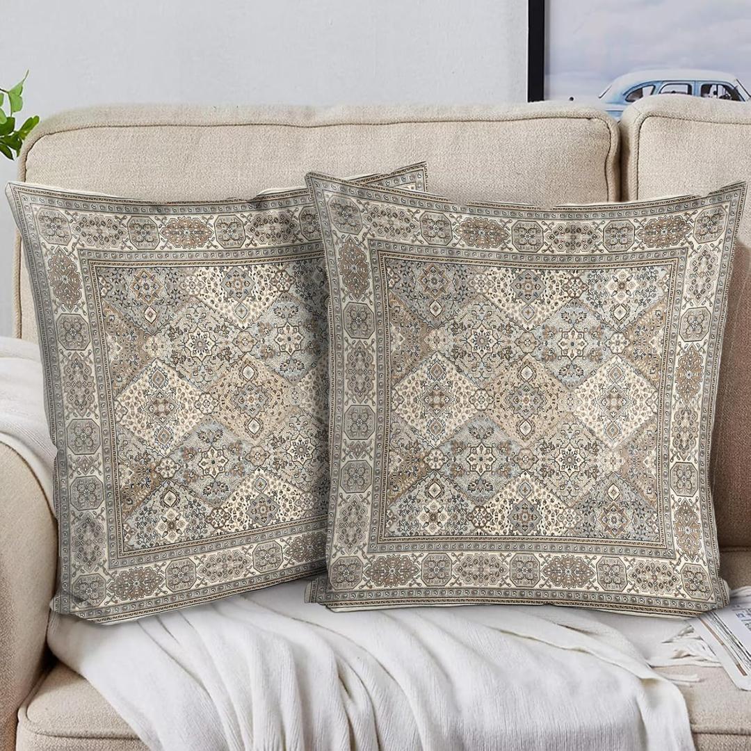 Boho Floral Throw Pillow Covers 20x20 inch Set of 2,Grey Boho Rug Geometric Floral Pattern Decor Double Sided Pattern Cushion Cover Soft Pillow Case Living Sofa Room Bed Square Pillow Cover